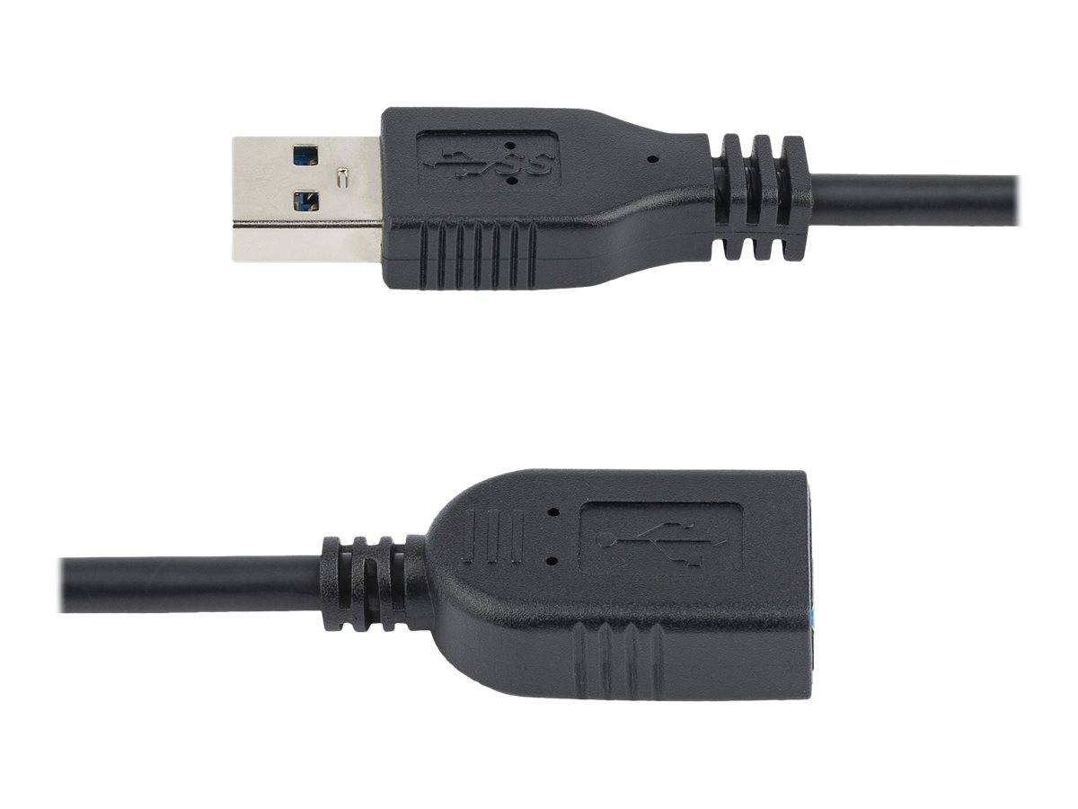 Zwei Ansichten eines schwarzen USB-Kabelsteckers: ein USB-Typ-A-Stecker und ein entsprechendes USB-Ende, gezeigt auf weißem Hintergrund.