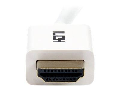 Großaufnahme eines weißen HDMI-Steckers mit einer schwarzen Buchsenöffnung, dargestellt vor einem einfachen Hintergrund.