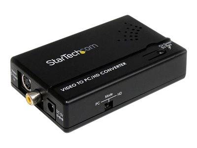 Black StarTech.com Video-zu-PC-Eingangskonvertierbox mit sichtbaren Stromversorgungs- und Videoanschlüssen, angewinkelt auf weißem Hintergrund.