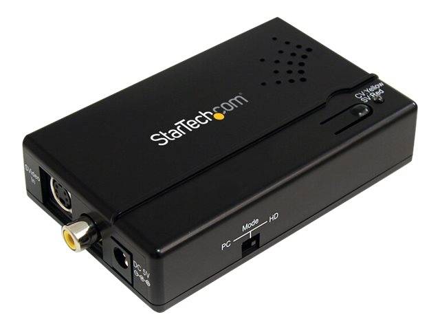 Black StarTech.com Video-Konverterbox mit S-Video- und RCA-Eingängen, DC-Strombuchse und Modusschalter mit den Bezeichnungen PC und HD.