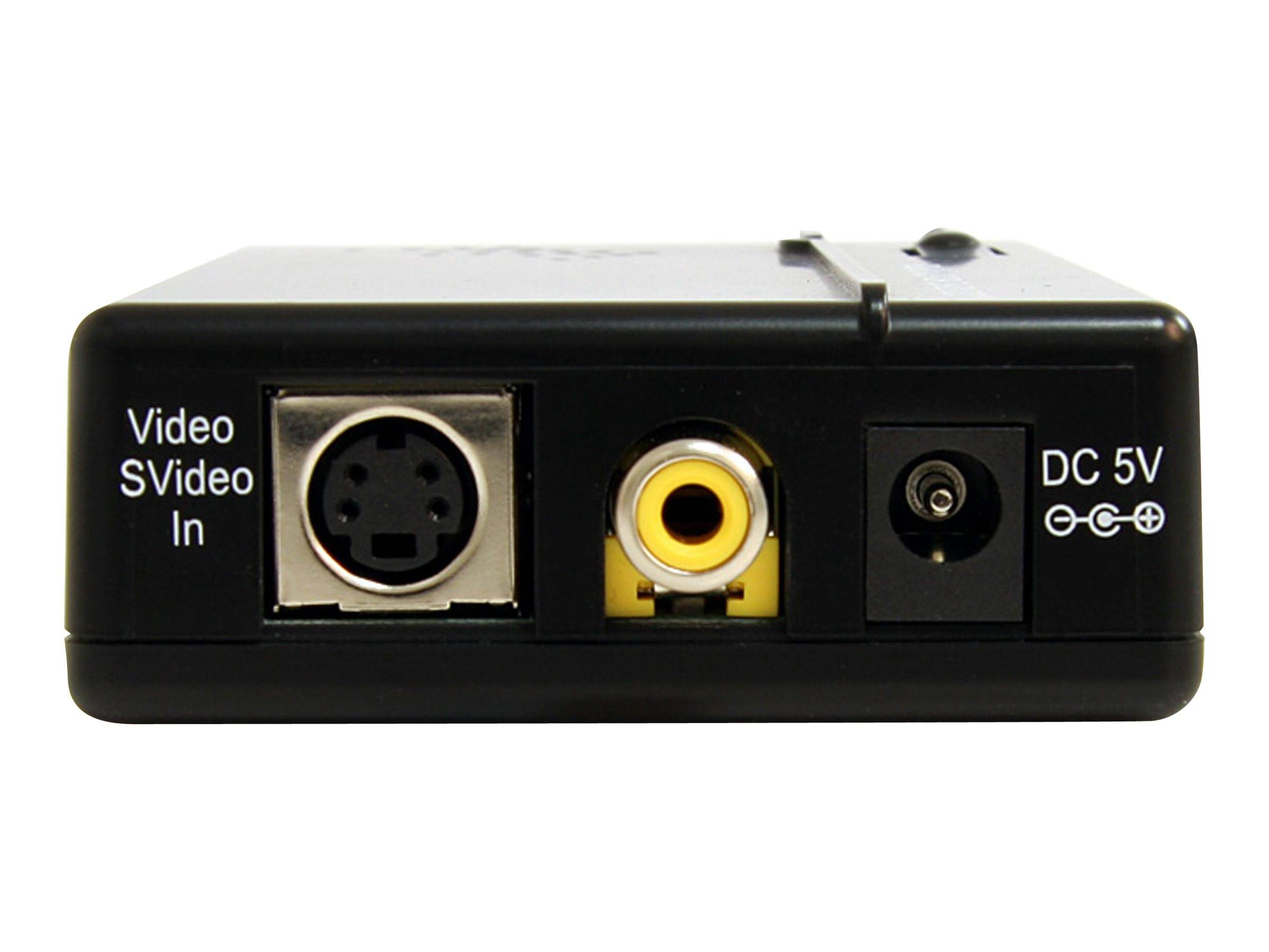 Rückansicht eines Videoerfassungsgeräts mit S-Video-Eingang, gelbem Composite-Videoeingang, DC-5V-Stromanschluss und Eingangsbeschriftungen.