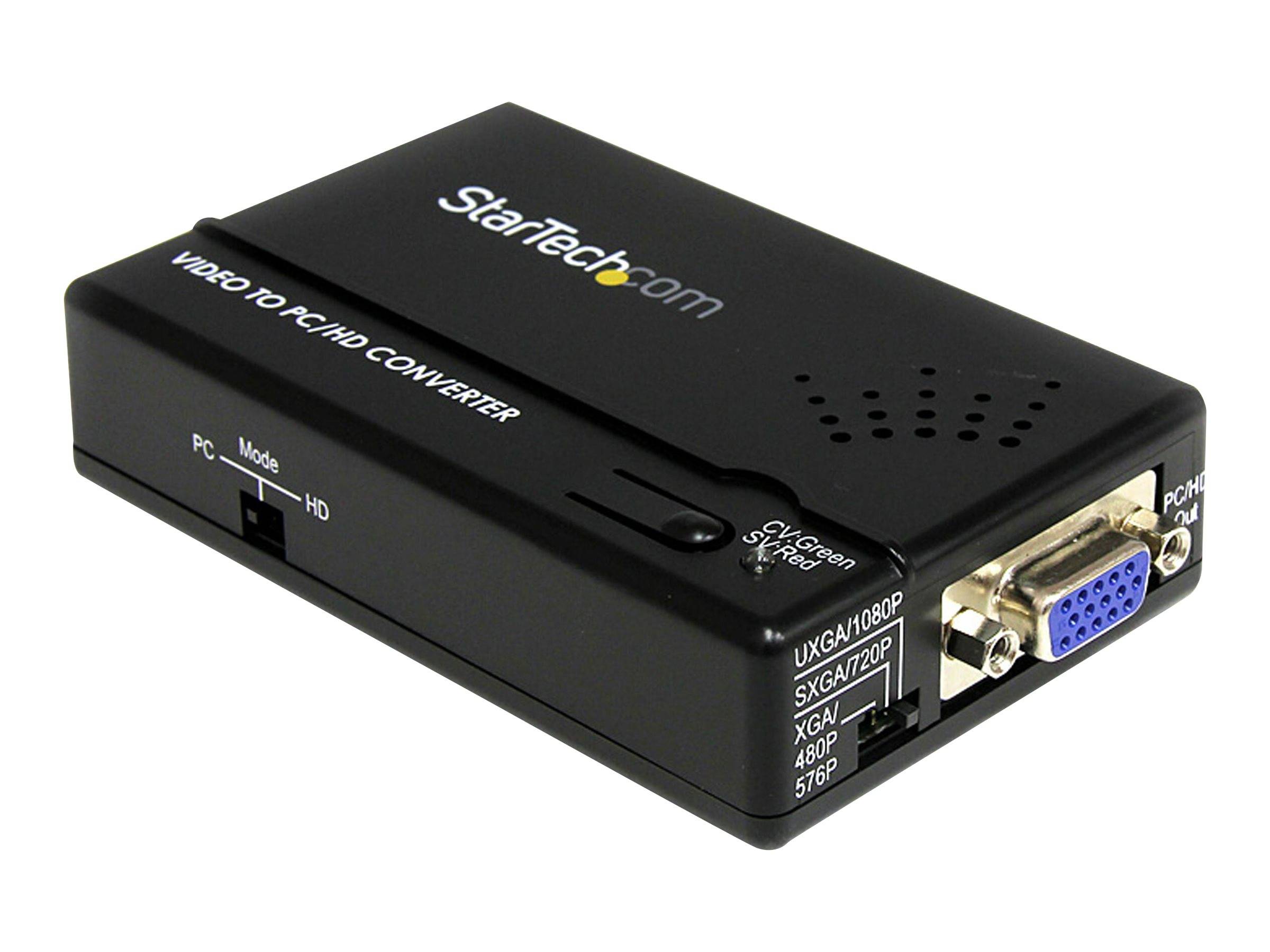 StarTech.com Video-zu-HD-Konverterbox mit VGA-Eingang und HDMI-Ausgang, gezeigt in Schwarz mit Modusschalter und Auflösungsbeschriftungen.