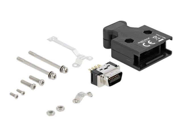 Ein schwarzes Elektrostecker-Gehäuse mit kleinem Metallstecker-Einsatz, Montageplatte und verschiedenen Schrauben und Unterlegscheiben auf weißem Hintergrund.