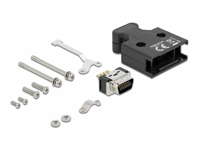 Ein schwarzes elektronisches Steckergehäuse mit einem kleinen eingesteckten Modul, mehreren Schrauben, Unterlegscheiben und zwei Metallclips auf weißem Hintergrund angeordnet.