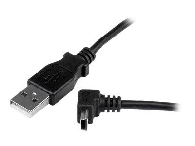 USB-Kabel mit einem Standard-USB-A-Stecker auf der einen Seite und einem abgewinkelten USB-Anschluss auf der anderen Seite, dargestellt auf weißem Hintergrund.