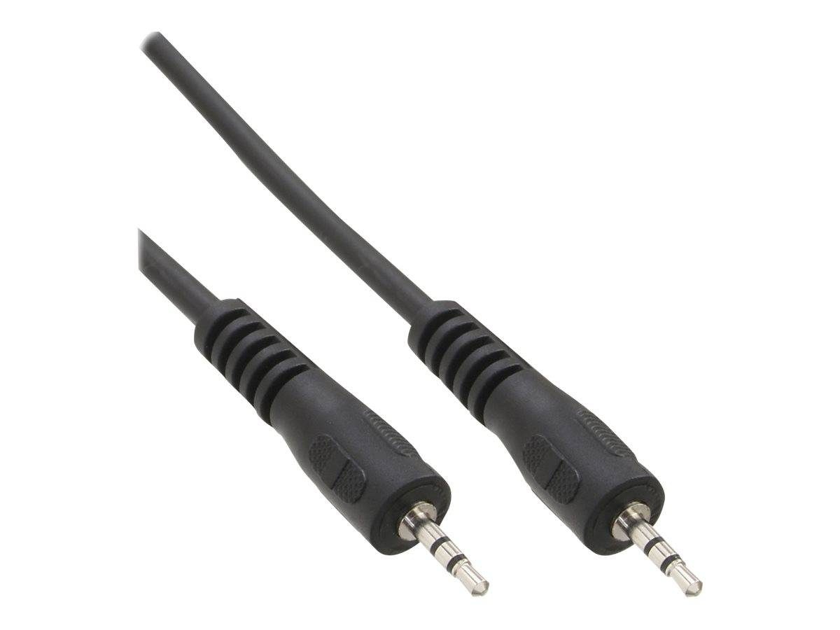 Zwei schwarze 3,5-mm-Audio-Stecker-zu-Stecker-Kabel auf weißem Hintergrund.