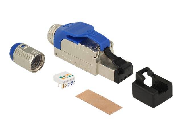 Ethernet-Kabelverbindungsset mit RJ45-Stecker, Zugentlastungsstiefel und Verdrahtungseinsatzteilen auf weißem Hintergrund