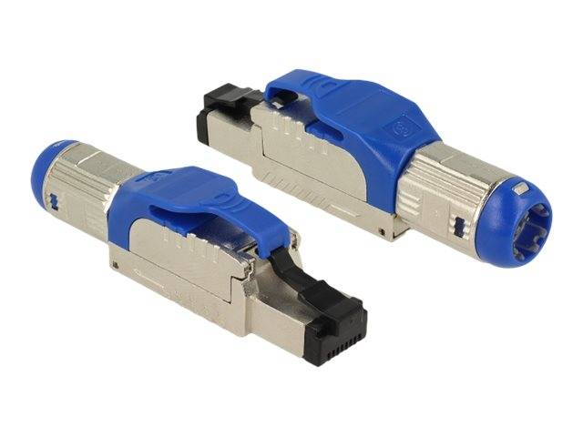 Zwei blau-silberne Ethernet-Kabelverbinder/Adapter auf weißem Hintergrund gezeigt, einer von vorne und einer von der Seite.