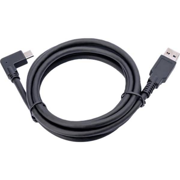 Schwarzes USB-Kabel mit rechtwinkliger Ausführung, aufgerollt auf weißem Hintergrund, mit einem USB-C-Stecker auf der einen Seite und einem USB-A-Stecker auf der anderen Seite.