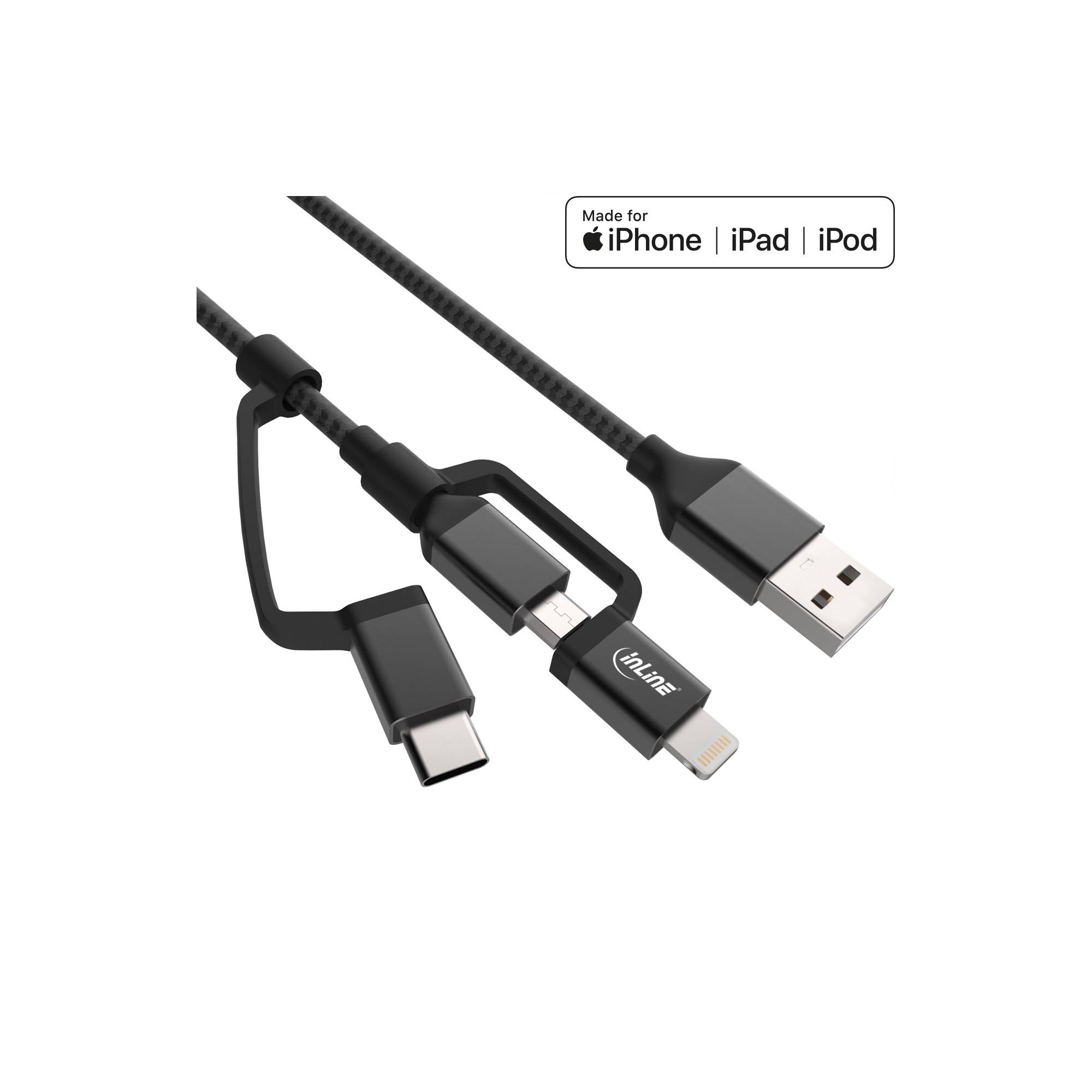 INLINE - 3-in1 USB Kabel - Micro-USB/Lightning/USB-C - schwarz/Alu - 1,5m MFi