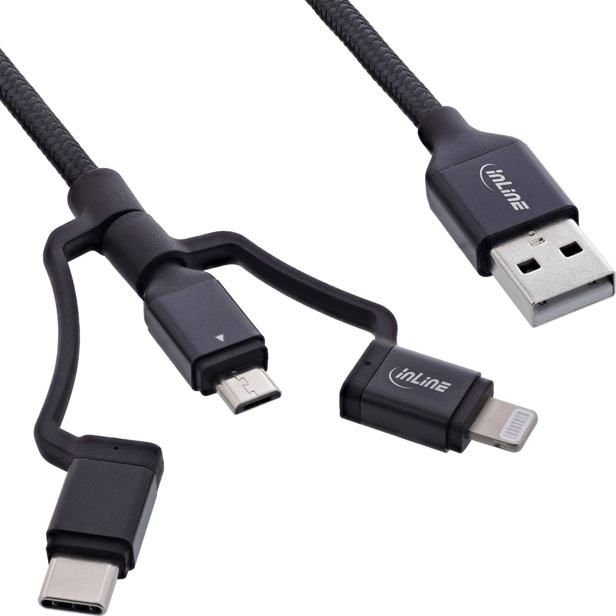 Schwarzes geflochtenes Multi-Connector-Ladekabel mit USB-A-, USB-C- und Lightning-Anschlüssen auf weißem Hintergrund gezeigt.