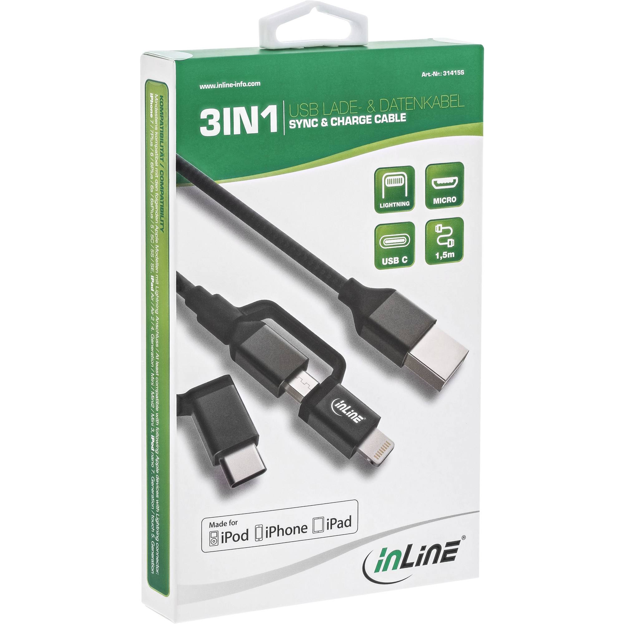 INLINE - 3-in1 USB Kabel - Micro-USB/Lightning/USB-C - schwarz/Alu - 1,5m MFi