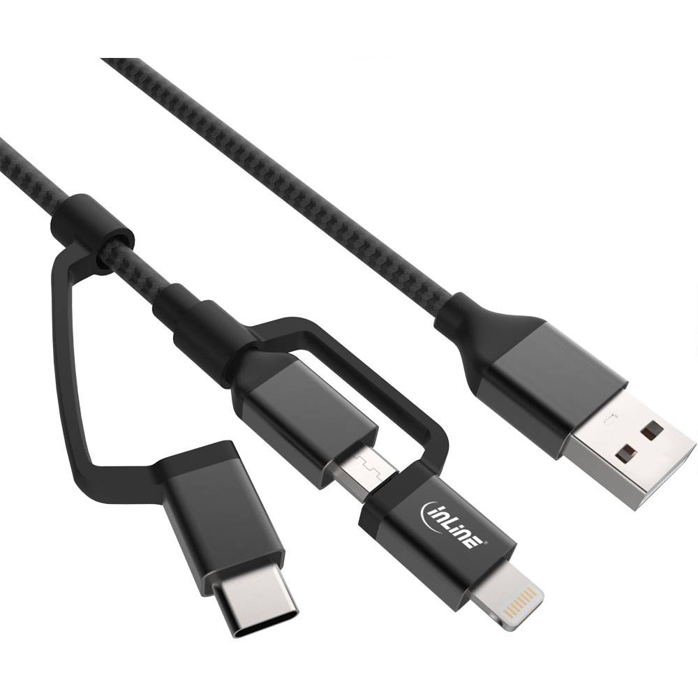 INLINE - 3-in1 USB Kabel - Micro-USB/Lightning/USB-C - schwarz/Alu - 1,5m MFi