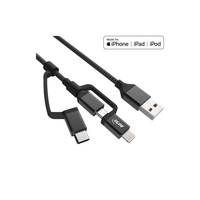 INLINE - 3-in1 USB Kabel - Micro-USB/Lightning/USB-C - schwarz/Alu - 1,5m MFi