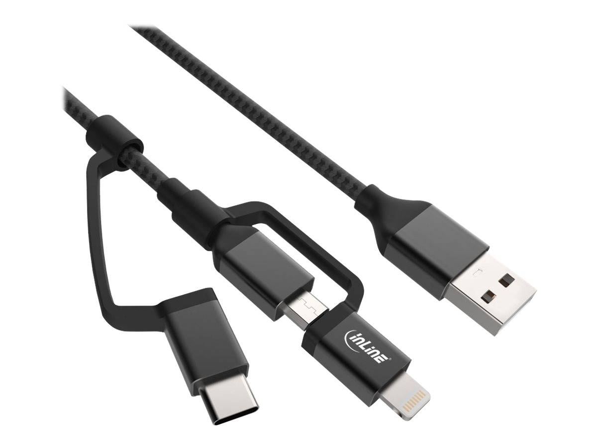 INLINE - 3-in1 USB Kabel - Micro-USB/Lightning/USB-C - schwarz/Alu - 1,5m MFi