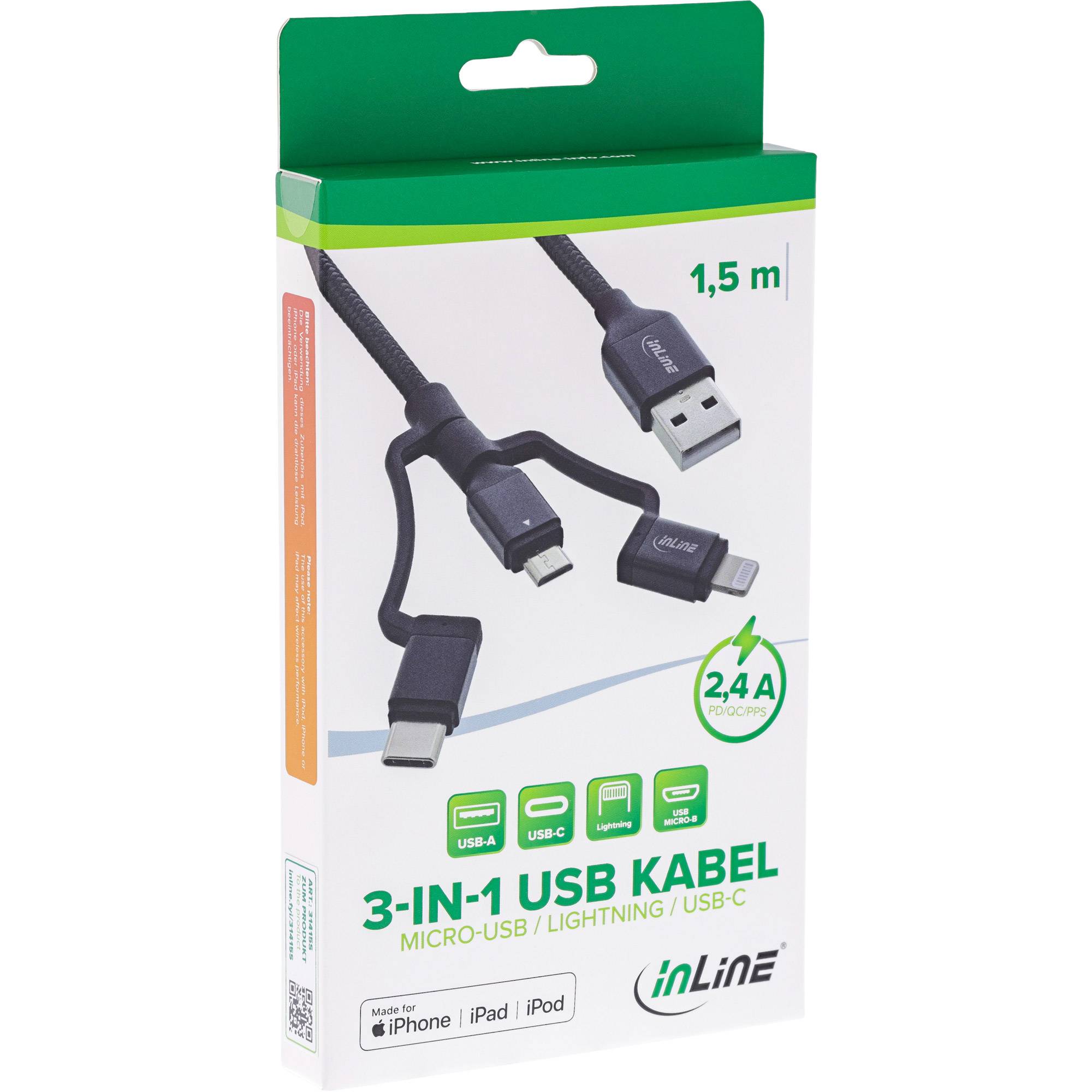 INLINE - 3-in1 USB Kabel - Micro-USB/Lightning/USB-C - schwarz/Alu - 1,5m MFi