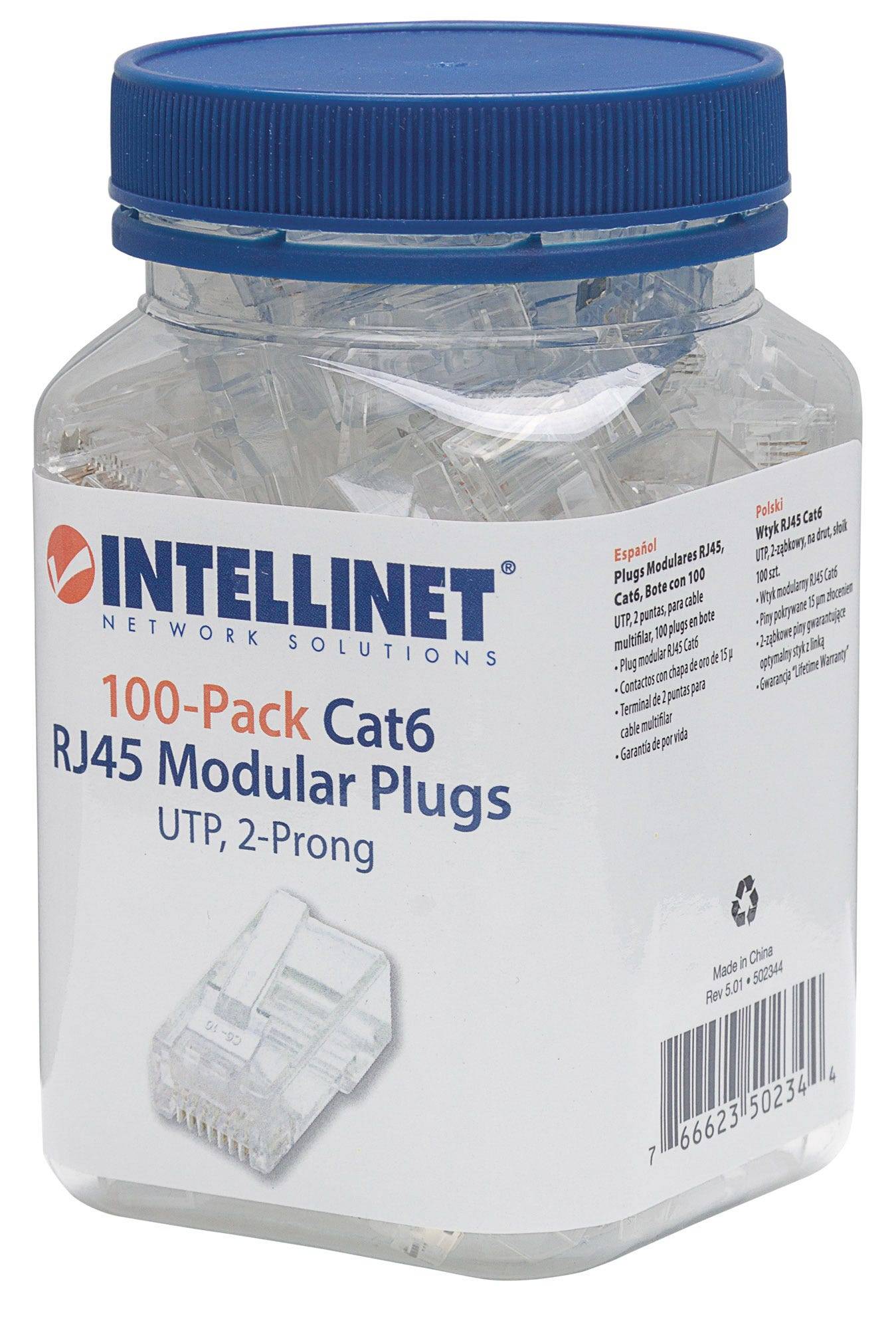 Intellinet RJ45 Modular Plugs, Cat6, UTP, 2-prong, for stranded wire, 15 µ gold plated contacts, 100 pack - Netzwerkansc