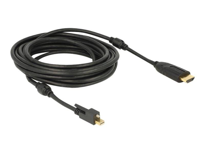 Aufgerolltes schwarzes Kabel mit HDMI-Anschluss an einem Ende und DisplayPort-Anschluss am anderen Ende, dargestellt auf weißem Hintergrund.