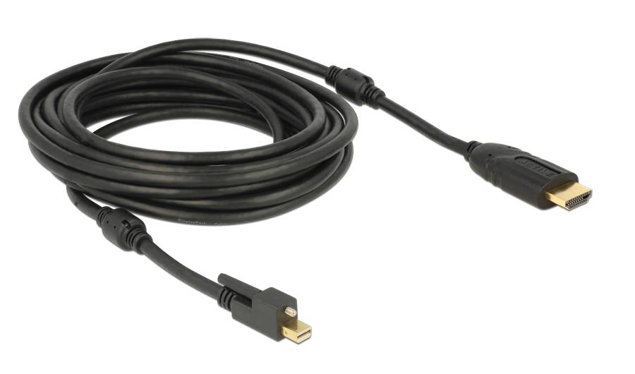 Aufgerolltes schwarzes HDMI-Kabel mit männlichen Steckverbindern an beiden Enden, gezeigt auf weißem Hintergrund.