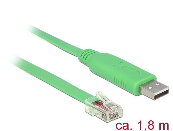 Grünes USB-Kabel mit Standard-USB-A-Stecker und transparentem Ethernet-ähnlichem Anschluss, beschriftet mit „ca. 1,8 m