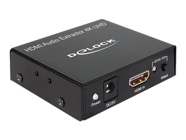 Schwarze Delock HDMI-Audioextraktor 4K UHD-Box mit HDMI-Eingang, DC-5V-Stromversorgung und Auswahltaste/optischem Audioausgang.