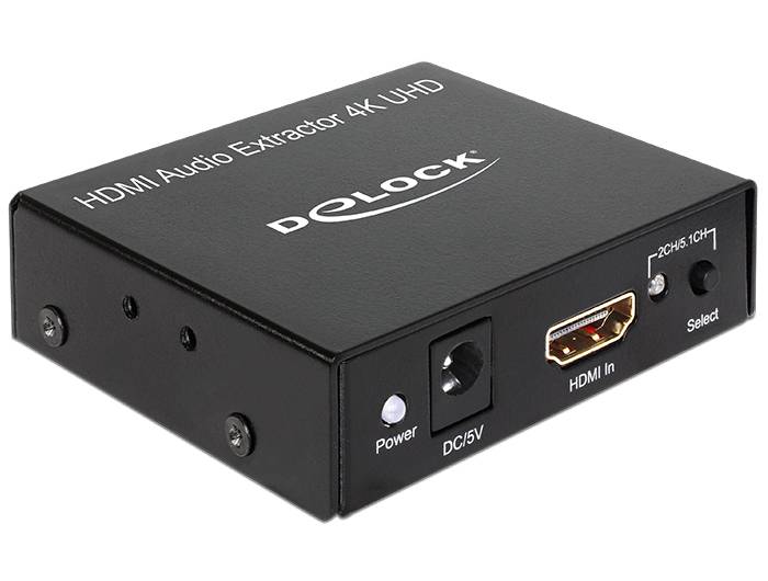 Schwarzer Delock HDMI-Audio-Extraktor 4K UHD-Box mit HDMI-Eingang, 5V DC-Stromanschluss, Stromleuchte und Wahlschalter für 2CH/5.1-Audio.