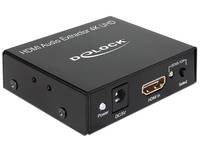 Schwarze DELock HDMI-Audioextraktionsbox mit Stromversorgung, optischem, Gleichstrom-Eingang, HDMI-Eingang und Audio-Ausgabeanschlüssen auf der Frontplatte.