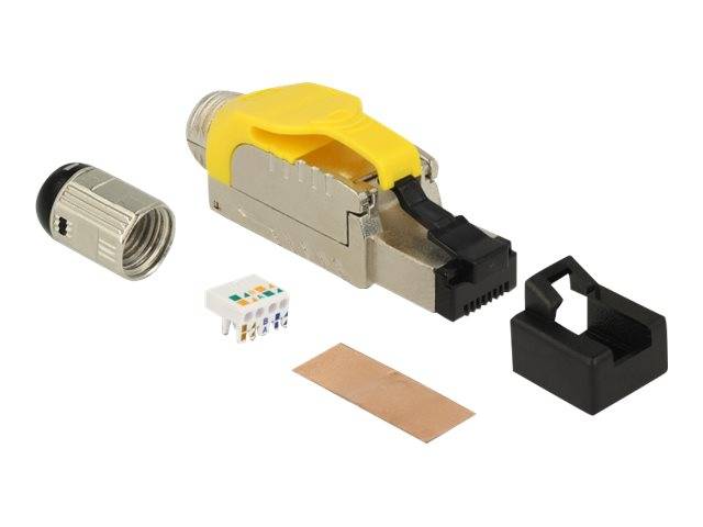 Explosionszeichnung eines Ethernet-Kabelsteckers mit Metallstecker, gelbem Zugentlastungselement, Innenverdrahtungseinsatz, Kupferschirm und schwarzen Klippkomponenten.