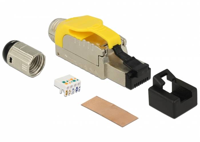 Ethernet-Kabelstecker-Crimpzange mit abgenommener Steckkappe, Drahteinführung, Kupferstreifen und schwarzem Verriegelungsclip auf weißem Hintergrund