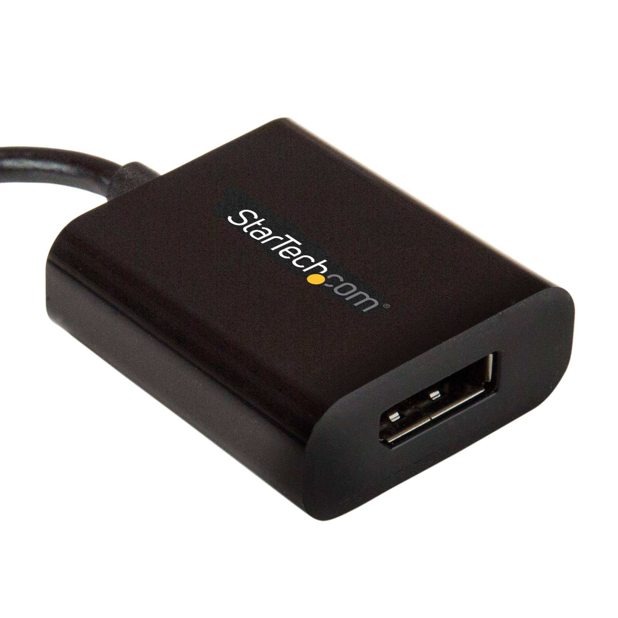 Black StarTech.com USB-Adapter mit angeschlossenem Kabel, dargestellt auf weißem Hintergrund.