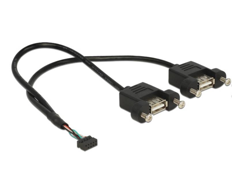 Computerkabel mit einem kleinen Mehrfach-Steckanschluss an einem Ende und zwei DB9-Seriellkonnektoren am anderen Ende.