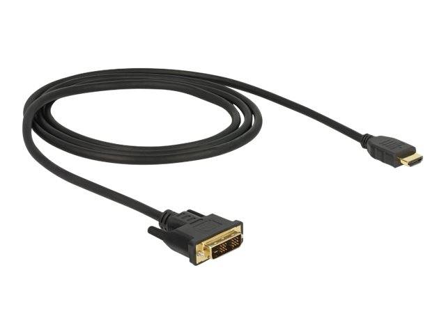 Schwarzes DVI-Kabel mit einem DVI-Stecker und einem HDMI-Stecker, aufgerollt auf weißem Hintergrund dargestellt.