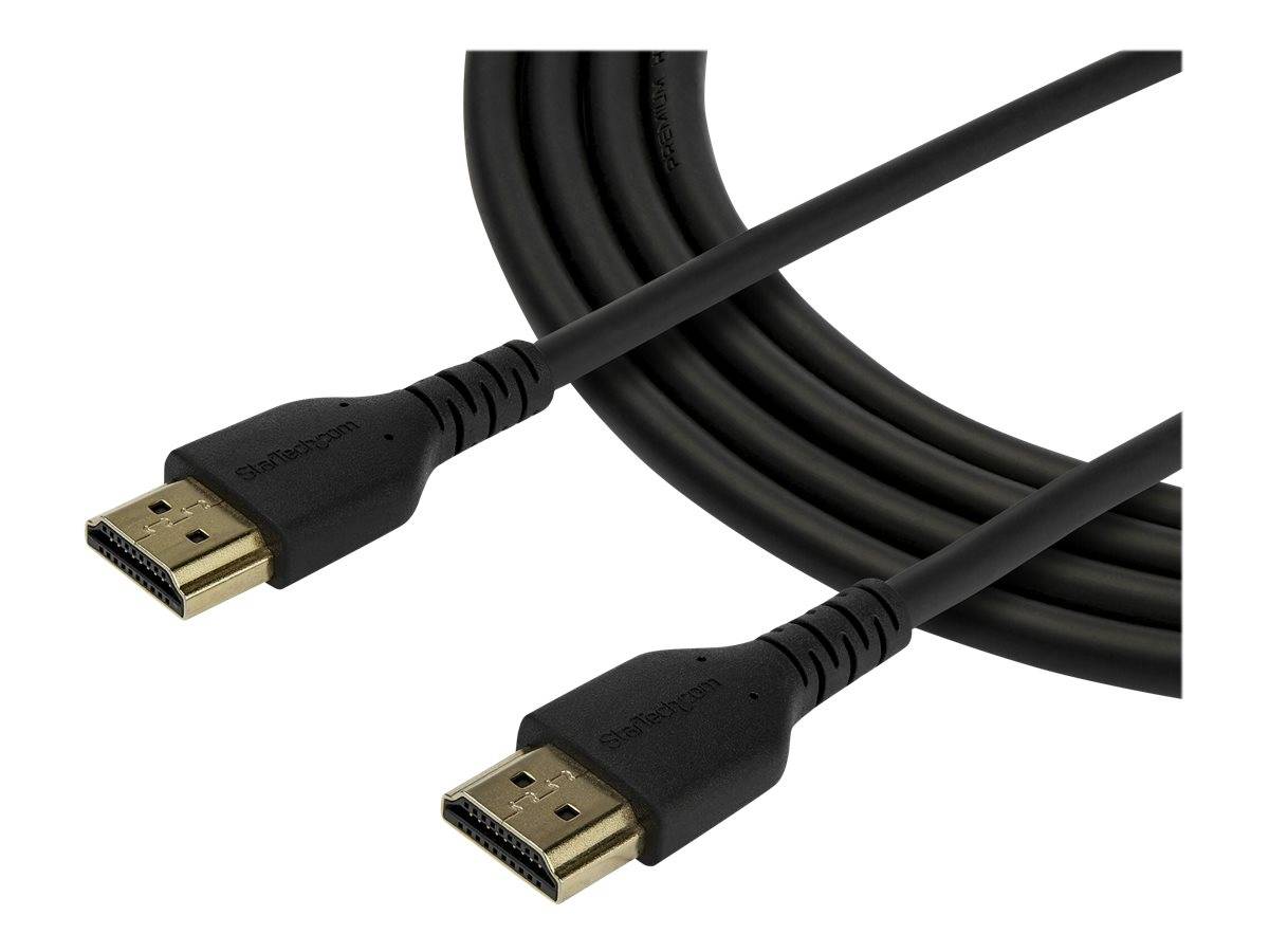 Zwei schwarze HDMI-Kabel mit vergoldeten Steckern auf weißem Hintergrund.