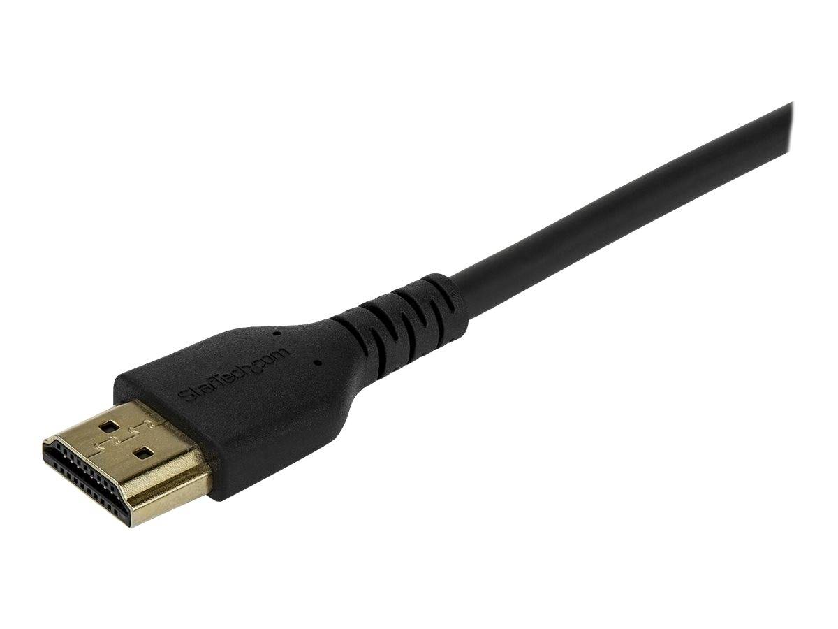 Schwarzer HDMI-Kabelstecker auf weißem Hintergrund, mit vergoldetem Stecker und angeschlossenem Kabel.