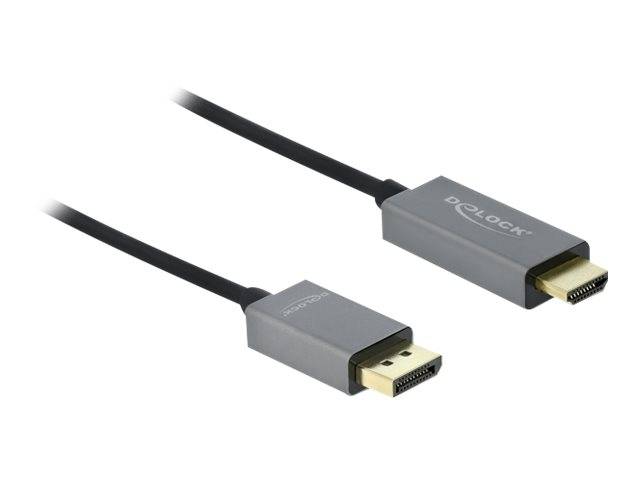 Zwei graue Delock DisplayPort-Kabel mit Steckern auf weißem Hintergrund gezeigt.