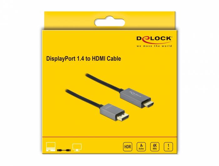 Gelbe Delock-Produktbox für ein DisplayPort-1.4-zu-HDMI-Kabel, das zwei Kabelenden und Funktionssymbole für HDR, 4K 60Hz und 1 m Länge zeigt.