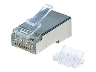 Intellinet 70er-Pack Cat6A RJ45-Modularstecker Pro Line, STP, 3-Punkt-Aderkontaktierung, für Litzen- und Massivdraht, 70 Stecker im Becher, 50 µ ver