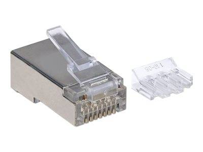 Intellinet 70er-Pack Cat6A RJ45-Modularstecker Pro Line, STP, 3-Punkt-Aderkontaktierung, für Litzen- und Massivdraht, 70 Stecker im Becher, 50 µ ver