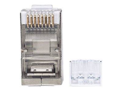 Intellinet 70er-Pack Cat6A RJ45-Modularstecker Pro Line, STP, 3-Punkt-Aderkontaktierung, für Litzen- und Massivdraht, 70 Stecker im Becher, 50 µ ver