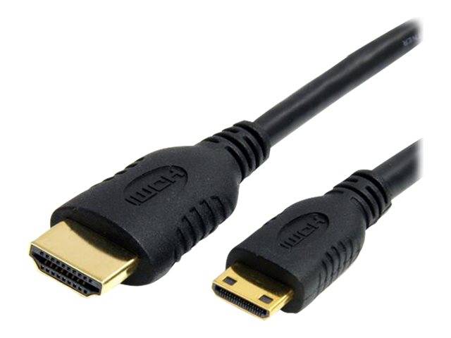 Schwarzes HDMI-Kabel mit einem Standard-HDMI-Stecker und einem kleineren HDMI-Anschluss auf weißem Hintergrund.