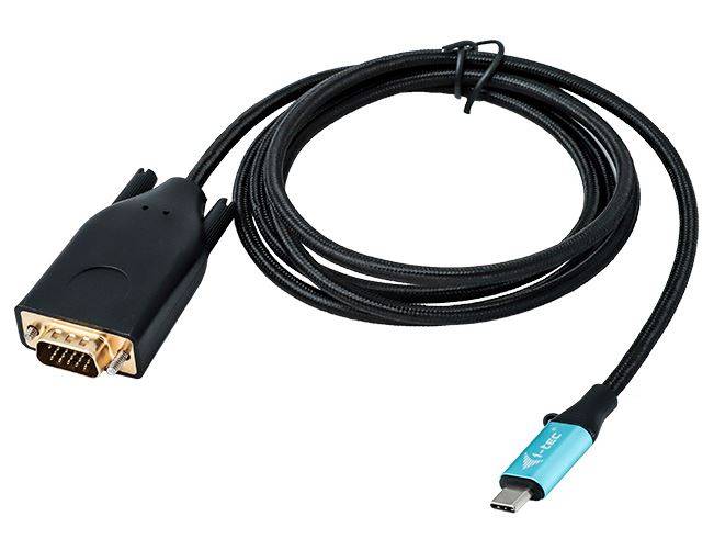Schwarzes Kabel mit einem VGA-Anschluss an einem Ende und einem USB-C-Anschluss am anderen Ende, aufgerollt auf weißem Hintergrund dargestellt.