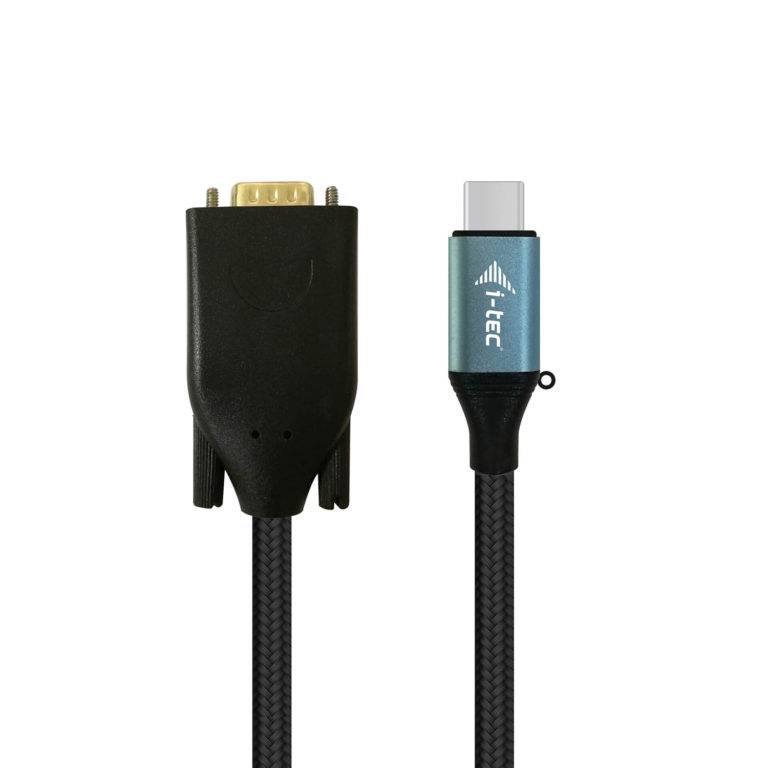 Schwarzes Kabel mit einem VGA-Anschluss an einem Ende und einem USB-C-Stecker mit der Aufschrift „i-tec" am anderen Ende, gezeigt auf weißem Hintergrund.