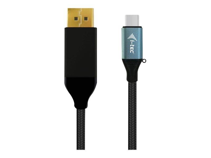 Zwei geflochtene USB-Kabel nebeneinander: eines mit einem vergoldeten USB-A-Stecker und eines mit einem USB-C-Stecker, beschriftet mit „i-TEC