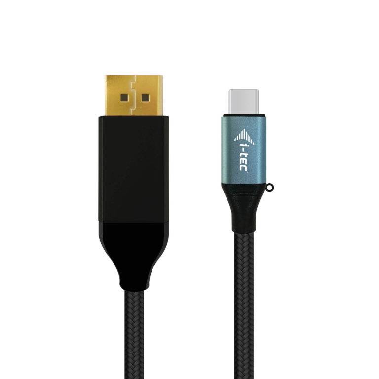 USB-A auf USB-C Ladekabel mit geflochtenen schwarzen Kabeln und i-Tec-gekennzeichneten Steckerenden auf weißem Hintergrund