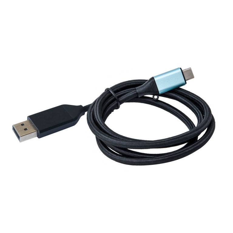 Aufgerolltes USB-Kabel mit einem Standard-USB-A-Anschluss und einem USB-C-Anschluss auf weißem Hintergrund.