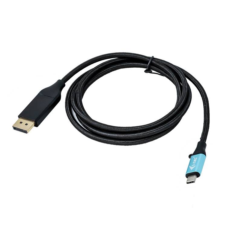 Schwarzes DisplayPort-zu-USB-C-Kabel aufgerollt auf weißem Hintergrund, mit DisplayPort-Stecker an einem Ende und USB-C-Anschluss am anderen Ende.