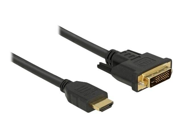 Zwei schwarze Videokabel mit vergoldeten Steckern: HDMI auf der einen Seite und DVI auf der anderen Seite.