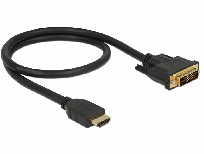 Schwarzes Adapterkabel mit HDMI-Stecker an einem Ende und DVI-Anschluss am anderen Ende, dargestellt auf weißem Hintergrund.