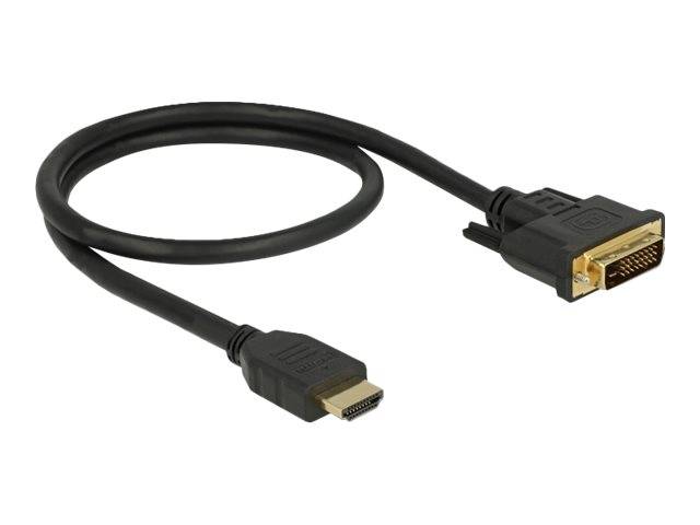 Schwarzes Kabel mit HDMI-Anschluss auf der einen Seite und DVI-Anschluss auf der anderen Seite, dargestellt auf weißem Hintergrund.