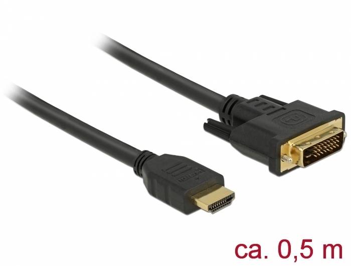 Kurzes Kabel mit einem kleinen HDMI-Stecker und einem größeren DVI-Anschluss, gekennzeichnet mit „ca. 0,5 m